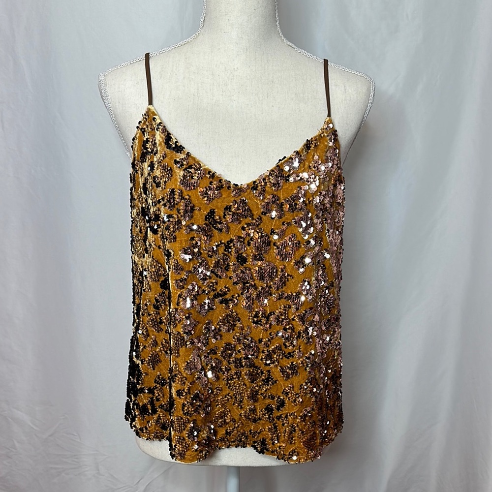 Anthropologie Ro & De Gold Sequin Spaghetti Strap Velvet Camisole
